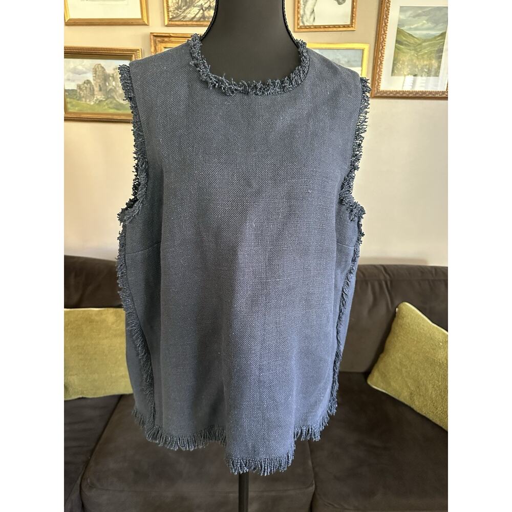 Ann Mashburn Womens Size XL Vest Sleeveless Heavy Linen Frayed Edge Blue Luxury